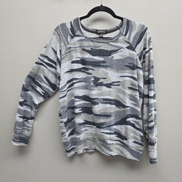 Buffalo David Bitton Sweater Womens Medium Gray Camo Raglan Pullover Crewneck - Picture 1 of 10